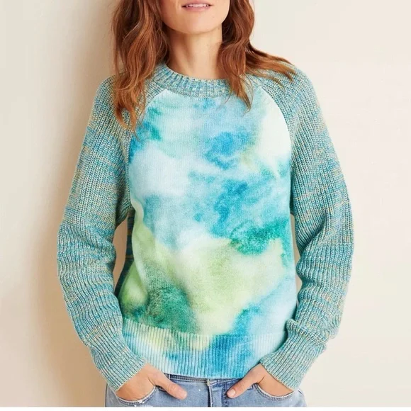ANTHROPOLOGIE Blue Watercolor Tie-Dye Sweater Size Large - Picture 1 of 16